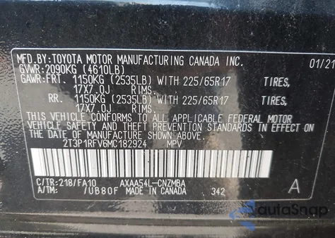 2021 Toyota Rav4 Xle from USA, damaged, VIN 2T3P1RFV6MC182924